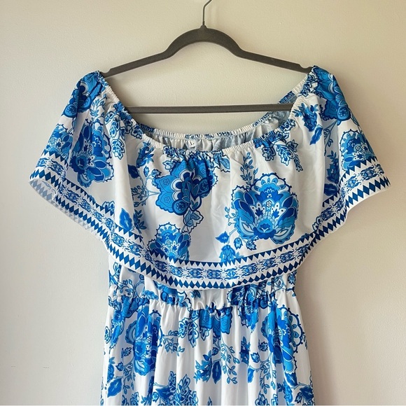 SHEIN Blue White Floral Off Shoulder Maxi Dress Size L Boho Tiered Ruffle Hem - Picture 2 of 11